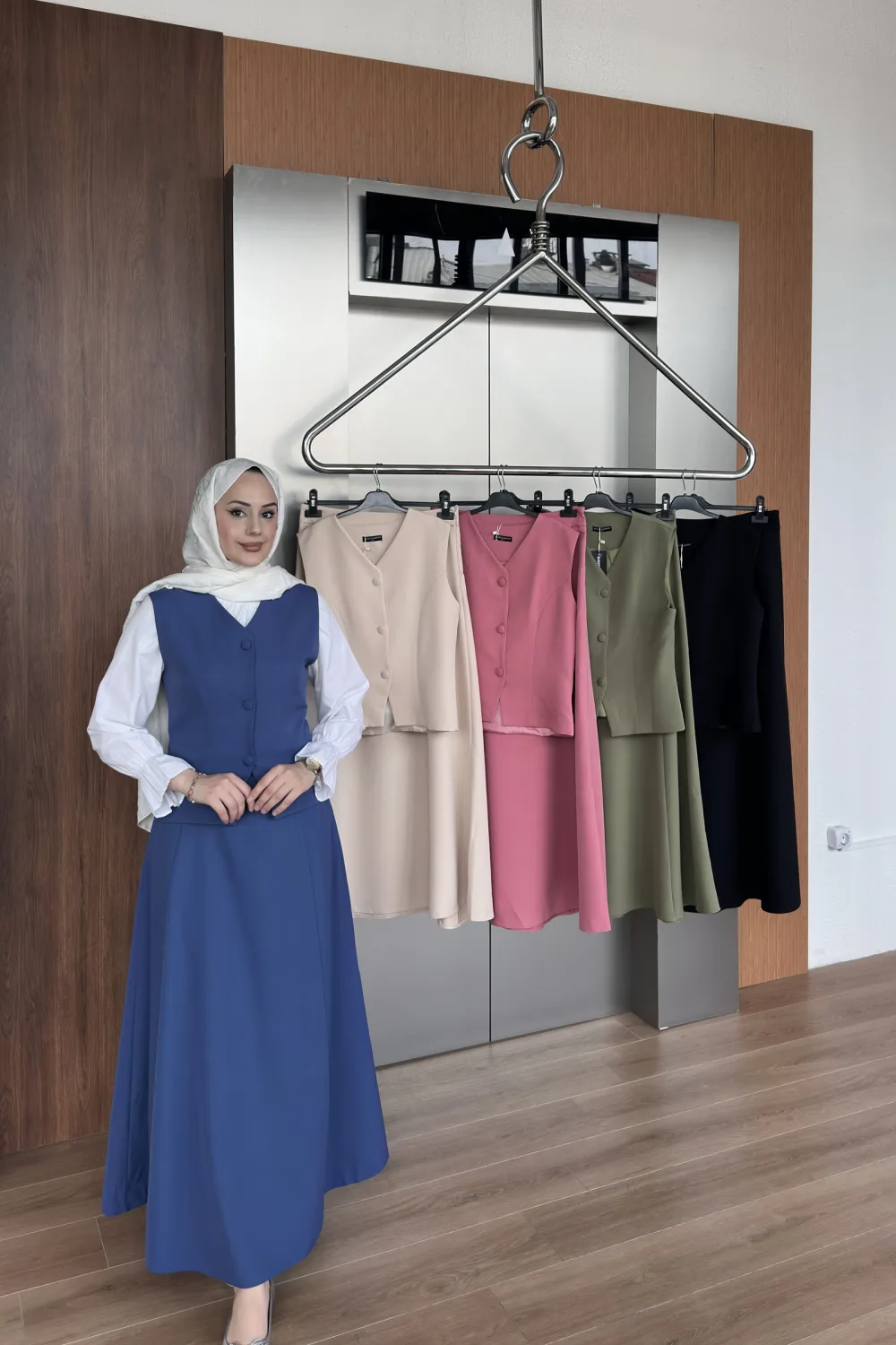 The Velora Set in royal blue beside its beige, rose, khaki and black colourways